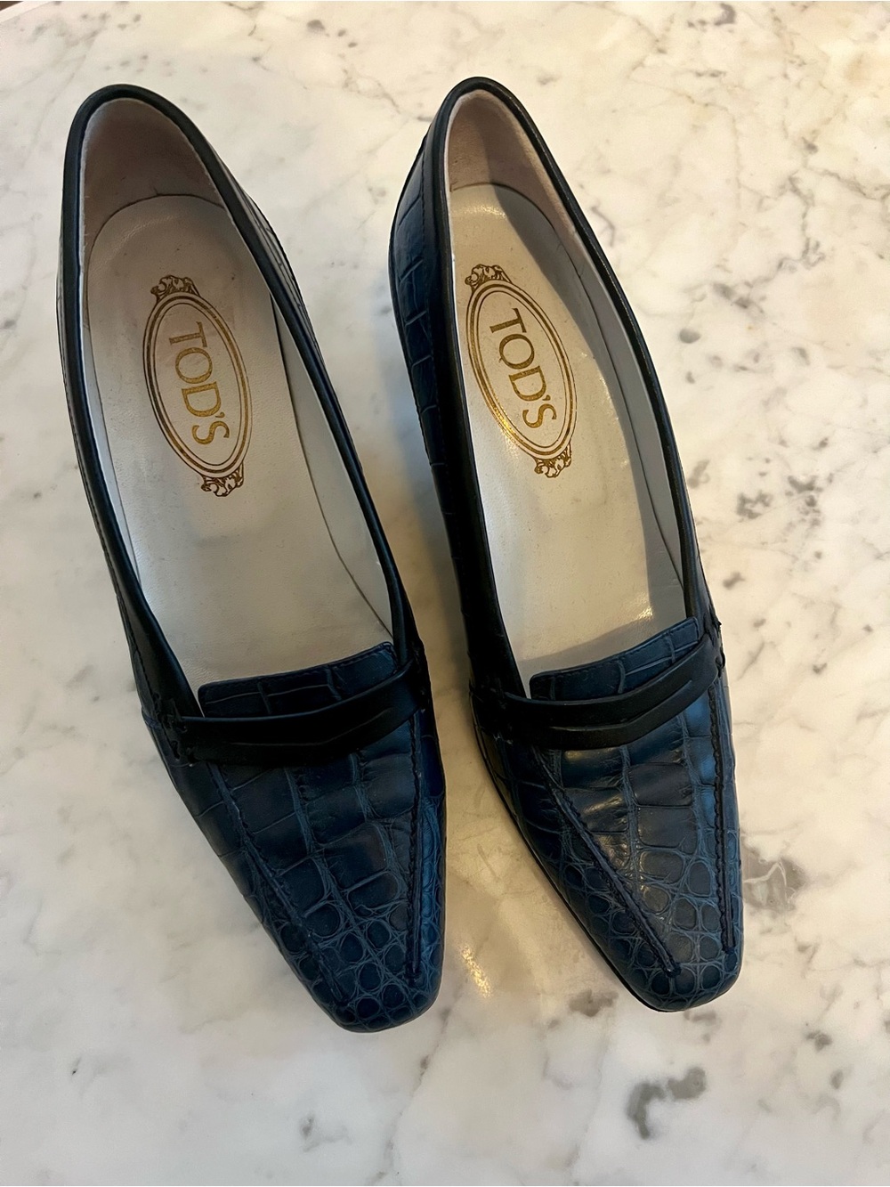 TOD'S Navy Croc-Embossed Leather Loafers